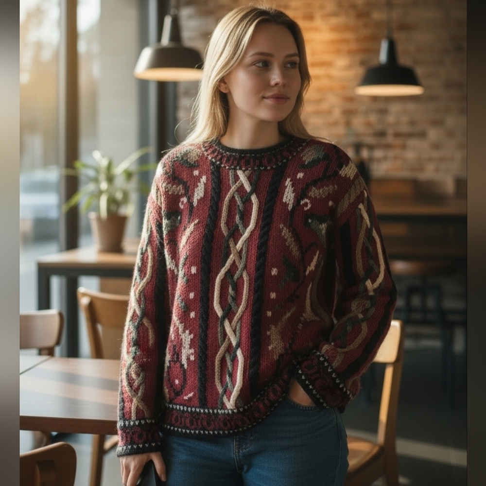 Vintage Burgundy Multi-Pattern Crew Neck Sweater